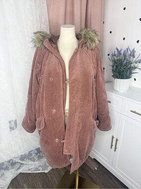 American Eagle 🦅 Rose Corduroy Hooded Parka Coat with Faux Fur Trim BIN/B
